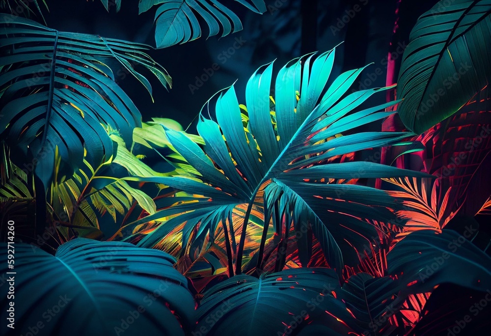 Wall mural tropical background, jungle in neon light, palm tree leaf. generative ai