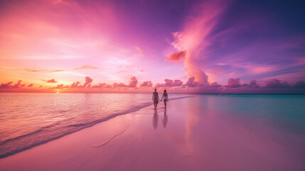 Fototapeta premium Couple walk along the pristine white sand beach at sunset. Generative AI