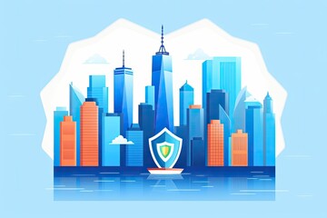 An illustration of internet network security shows the New York City cityscape near to midtown. Generative AI