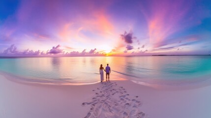 Fototapeta premium Couple walk along the pristine white sand beach at sunset. Generative AI