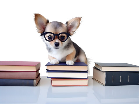 Cute chihuahua puppy with books about bedtime stories.