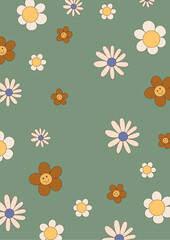 Retro groovy vintage background with white flowers daisies. Floral vector illustration in cartoon hand drawn style