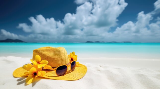 Yellow sun hat with frangipani flower and sunglasses on sand beach. Generative AI