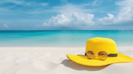 Yellow sun hat with sunglasses on sand beach. Generative AI