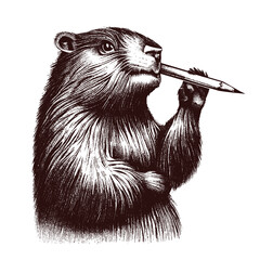 beaver sketch, beaver with a pencil  - obrazy, fototapety, plakaty