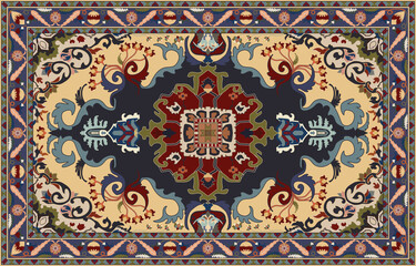 Colorful ornamental vector design for rug, tapis, yoga mat. Geometric ethnic clipart. Arabian ornamental carpet with decorative elements.Persian carpet,