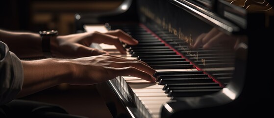 Hands of a pianist gracefully playing the keys of a piano. Generative AI