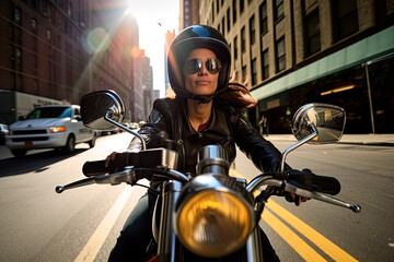 AI generated fictional person image. Woman on motorcycle in the city