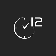 12 hours and clock icon isolated on black background  