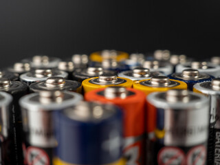 Batteries are alkaline. selective focus. The concept of energy sources and their use. Lots of AA...