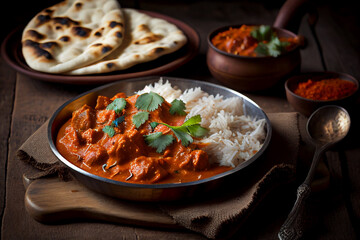 Chicken tikka masala spicy curry meat food in a clay plate with rice and naan made with Generative AI