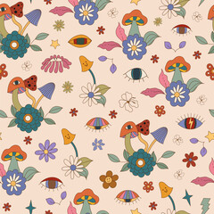 Retro groovy seamless pattern with trippy eyes, flowers, mushrooms 70s background. Funky boho vibrant psychedelic hippie vibes pattern. Vector illustration in cartoon hand drawn style
