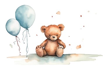 Illustration of a teddy bear with balloons and garland done by hand in watercolor on a white backdrop. Generative AI