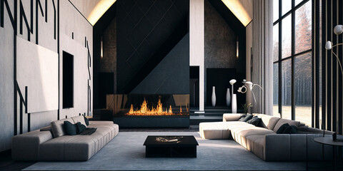 a large living room with a fireplace and white walls Generative AI