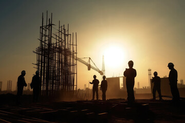 Fototapeta na wymiar Engineers silhouettes at construction site. Builder workers team at sunset. Urban infrastructure development. Created with Generative AI