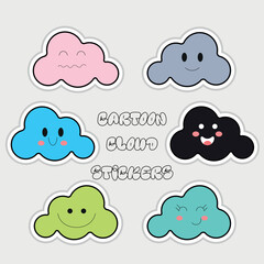 Emoji cloud sticker set in cartoon kid style. Colorful cute clouds with different emotions on grey background. Vector illustration.