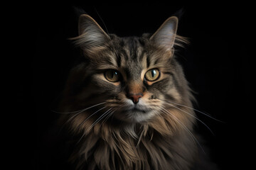 Gray cat portrait looking at camera on dark background. Cute pet. Created with Generative AI