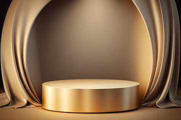 Modern empty round podium or stage mockup for product photos with golden elements made with Generative AI