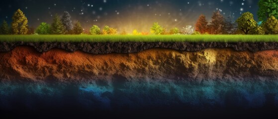 Section of soil with underground water, layers of earth and rocks. Generative AI - obrazy, fototapety, plakaty