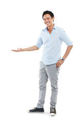 Open hands, happy and portrait of asian man on png background for promotion, announcement and idea. Offer, news and presentation with male isolated on transparent for product placement and show