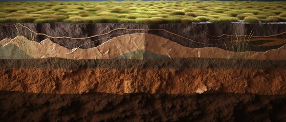 Section of soil with underground water, layers of earth and rocks. Generative AI - obrazy, fototapety, plakaty