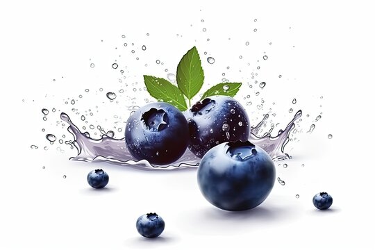 Delicious blueberries with a spray of water on a white backdrop. Generative AI