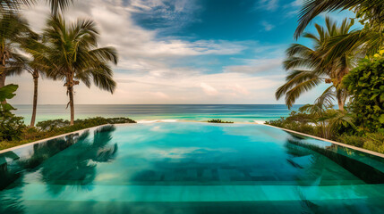 Fototapeta na wymiar A mesmerizing image of a luxurious infinity pool, perfectly blending with the surrounding beach landscape and tropical greenery