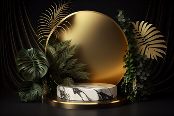 Modern empty round podium or stage mockup for product photos with golden and black elements made with Generative AI