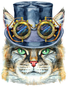 Cute cat wearing a steampunk hat with goggles. Cat for t-shirt graphics. Watercolor Maine Coon cat breed illustration