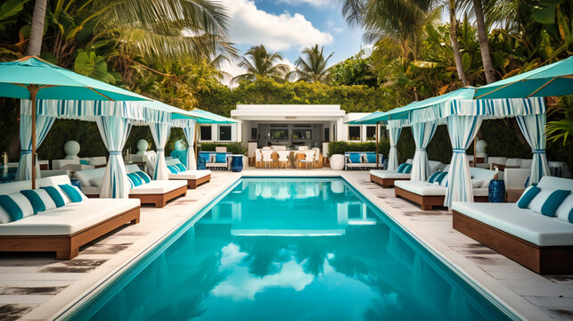 A striking image of an exclusive beach club's pool area, offering an inviting and stylish environment for relaxation