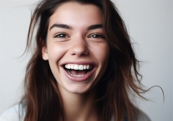 portrait of young woman with dark hair laughing showing teeth happy in front of white background, generative ai, illustration