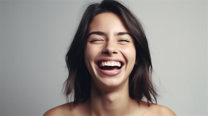 portrait of young woman with dark hair laughing showing teeth happy in front of white background, generative ai, illustration