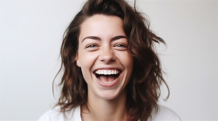 portrait of young woman with dark hair laughing showing teeth happy in front of white background, generative ai, illustration