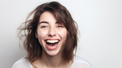portrait of young woman with dark hair laughing showing teeth happy in front of white background, generative ai, illustration