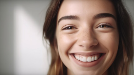portrait of young woman with dark hair laughing showing teeth happy in front of white background, generative ai, illustration