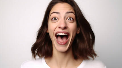 portrait of young woman with dark hair laughing showing teeth happy in front of white background, generative ai, illustration
