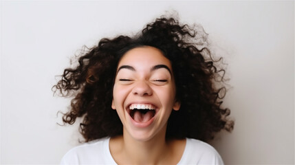 portrait of young woman with dark curly hair laughing showing teeth happy in front of white background, generative ai, illustration