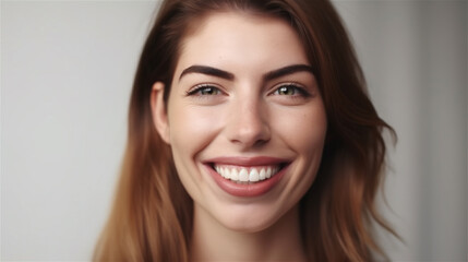 portrait of young woman with dark hair laughing showing teeth happy in front of white background, generative ai, illustration