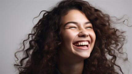 portrait of young woman with dark curly hair laughing showing teeth happy in front of white background, generative ai, illustration