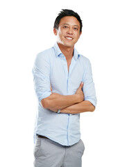 Portrait, man and proud asian in studio, happy and smile while posing, empowered. Businessman,...