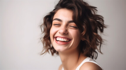 portrait of young woman with dark curly hair laughing showing teeth happy in front of white background, generative ai, illustration