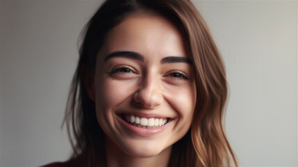 portrait of young woman with dark hair laughing showing teeth happy in front of white background, generative ai, illustration