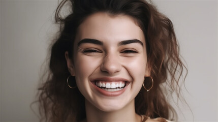 portrait of young woman with dark curly hair laughing showing teeth happy in front of white background, generative ai, illustration