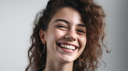 portrait of young woman with dark curly hair laughing showing teeth happy in front of white background, generative ai, illustration