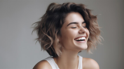 portrait of young woman with dark curly hair laughing showing teeth happy in front of white background, generative ai, illustration