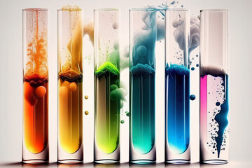 close up of a chemical reactions in test tubes with different colored substances made with Generative AI