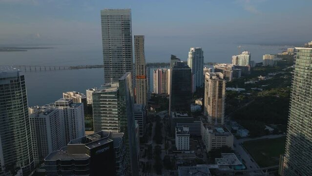 facing South flying backwards over Brickell Ave. in downtown Miami