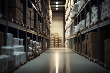 warehouse facility with tall shelves storage made with Generative AI