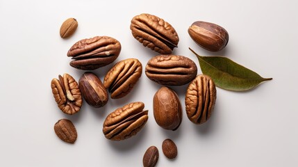 Raw pecan with water drops on white background. Close up