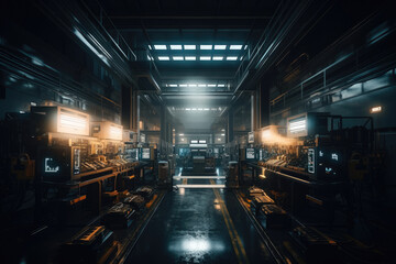 Generative AI image of industrial machines and metal details in spacious futuristic workshop with glowing lights